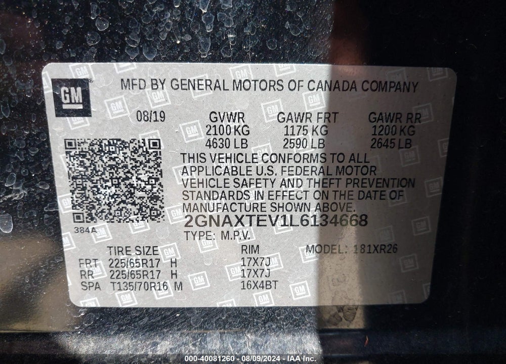 2020 CHEVROLET EQUINOX AWD 2FL VIN: 2GNAXTEV1L6134668