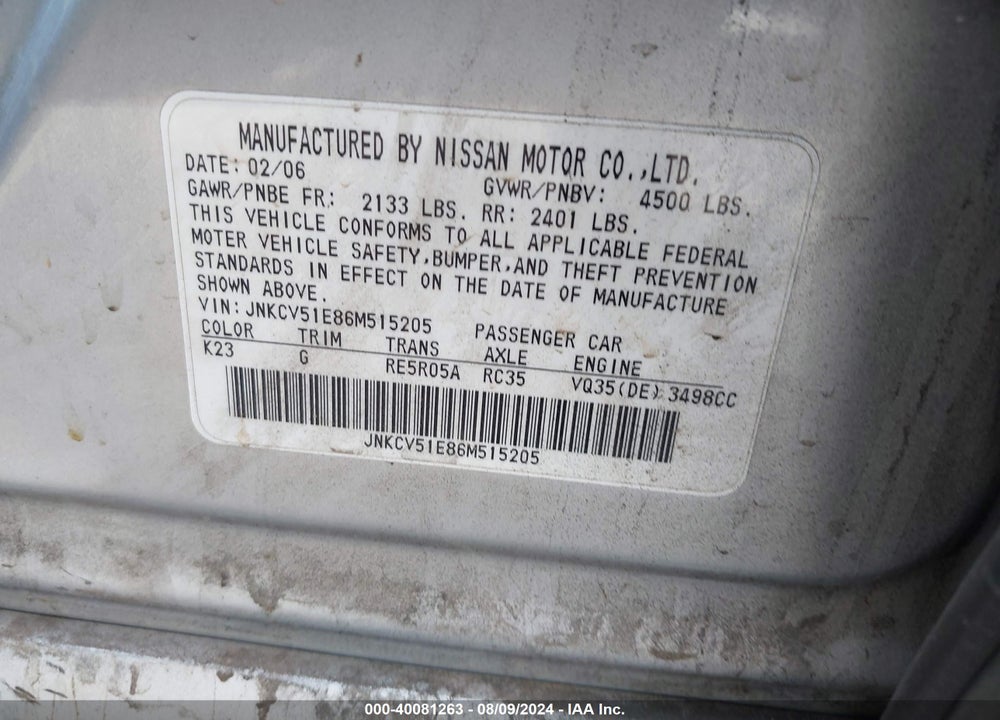 2006 INFINITI G35 VIN: JNKCV51E86M515205