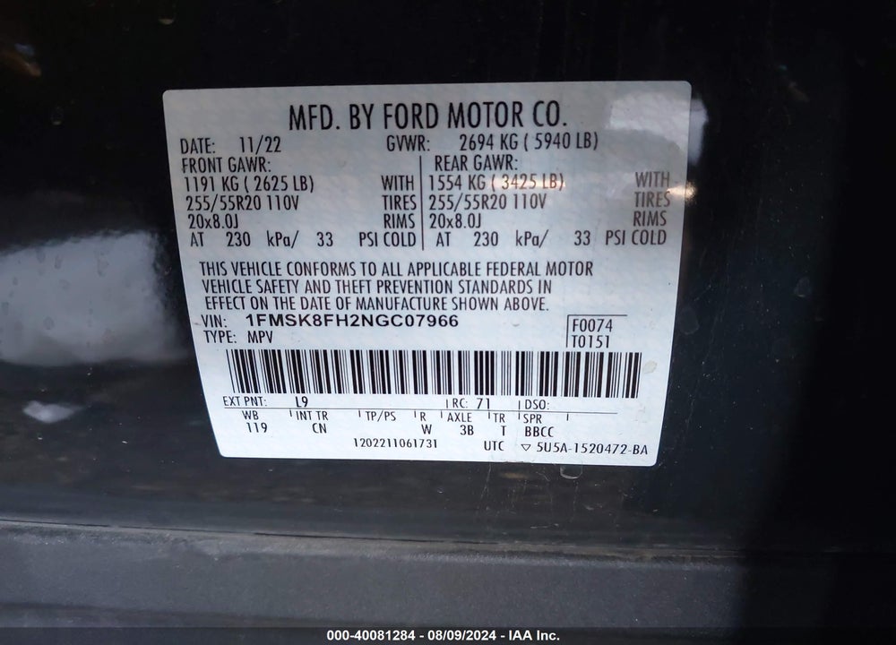 2022 FORD EXPLORER LIMITED VIN: 1FMSK8FH2NGC07966