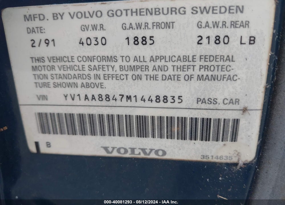 1991 VOLVO 240 VIN: YV1AA8847M1448835