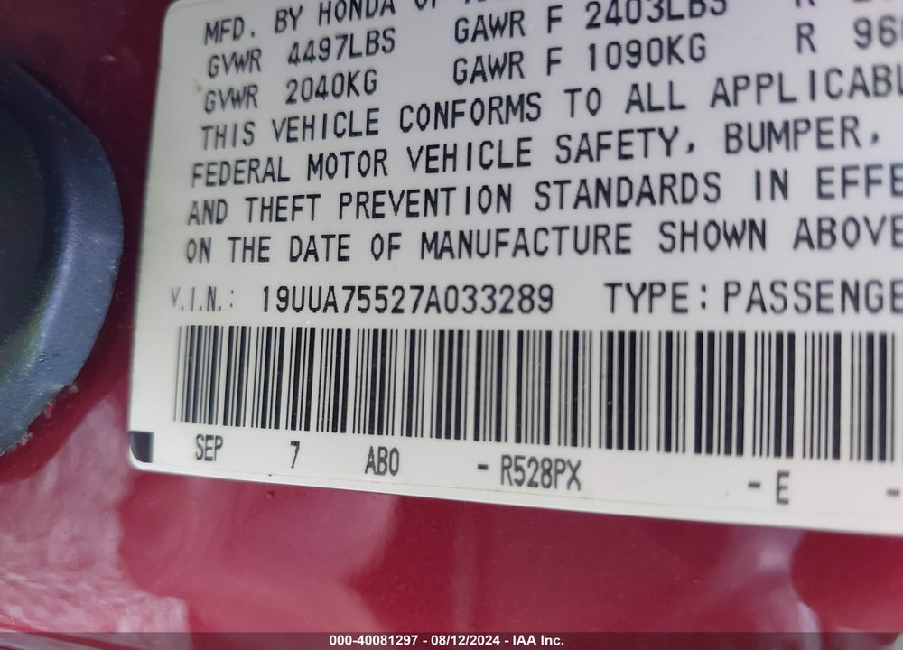2007 ACURA TL TYPE S VIN: 19UUA75527A033289