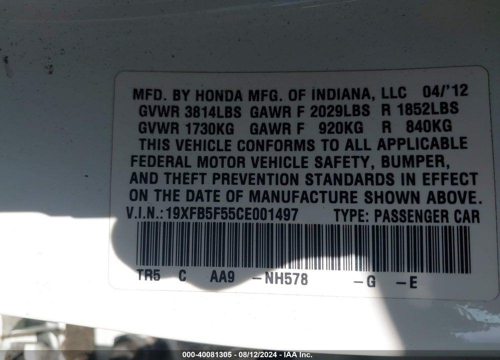 2012 HONDA CIVIC NATURAL GAS VIN: 19XFB5F55CE001497