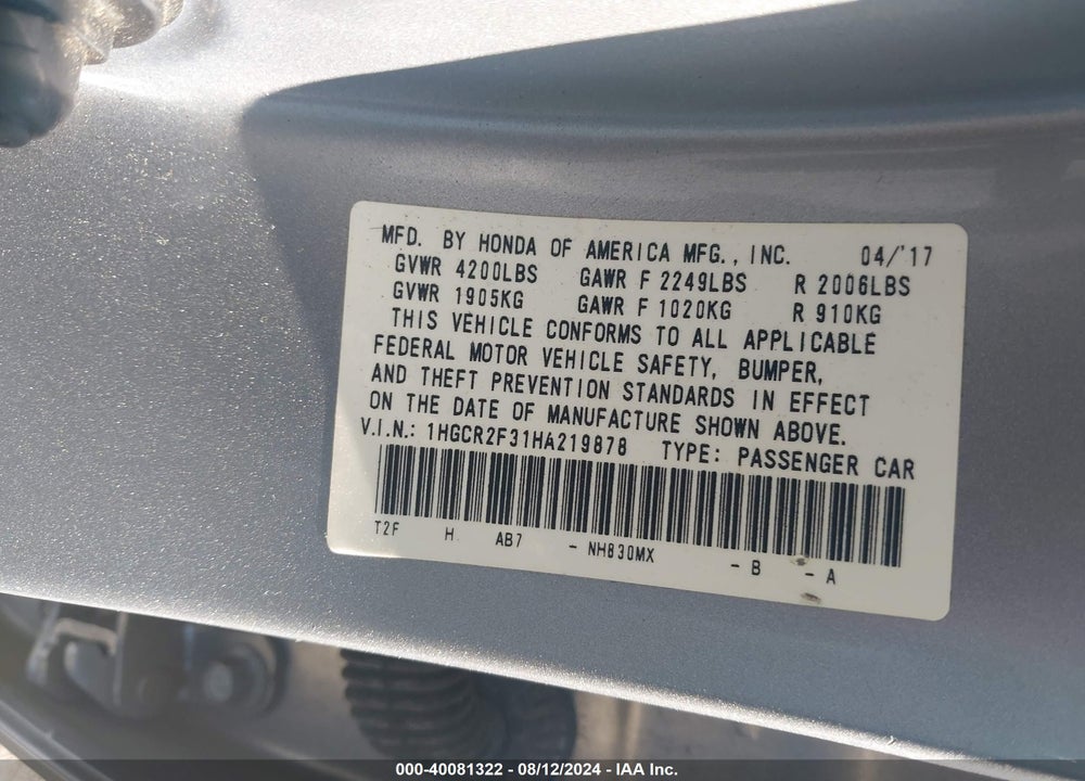2017 HONDA ACCORD LX VIN: 1HGCR2F31HA219878