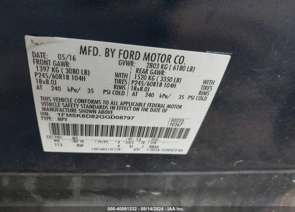 2016 FORD EXPLORER XLT VIN: 1FM5K8D82GGD08797