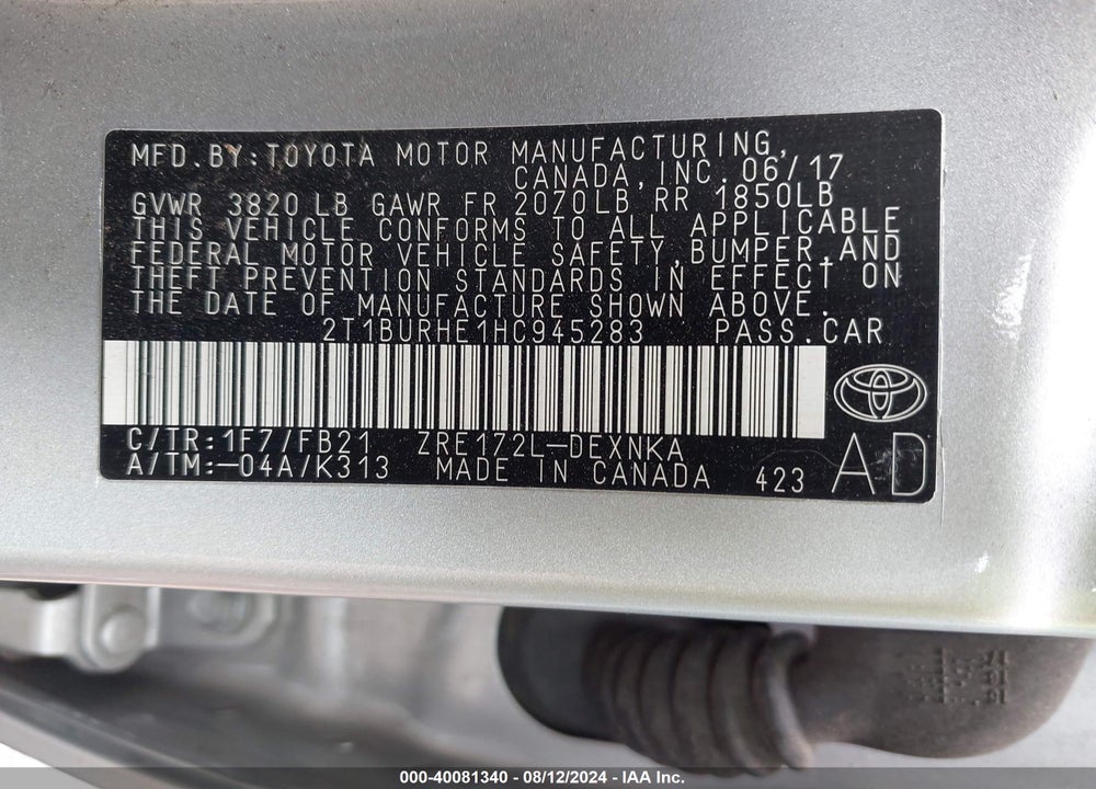 2017 TOYOTA COROLLA LE VIN: 2T1BURHE1HC945283