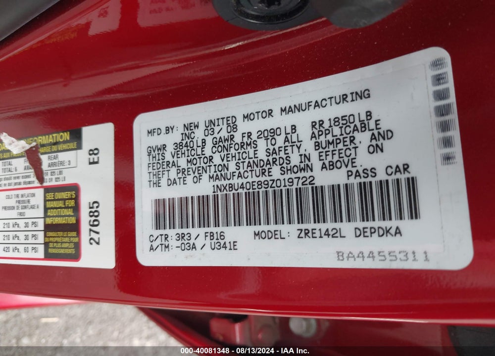 2009 TOYOTA COROLLA LE VIN: 1NXBU40E89Z019722