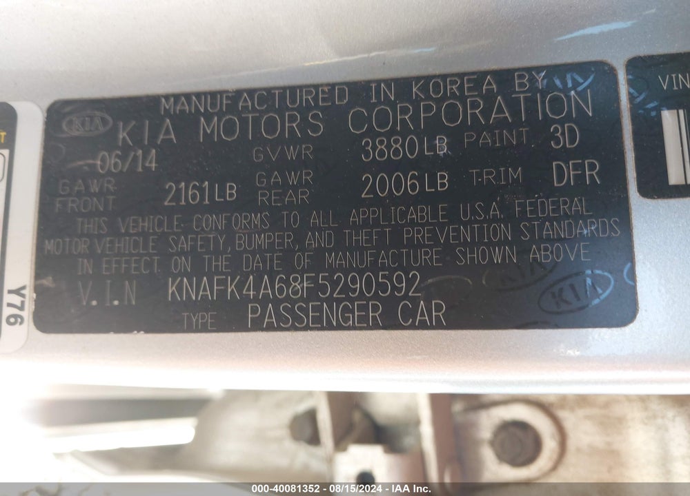 2015 KIA FORTE LX VIN: KNAFK4A68F5290592