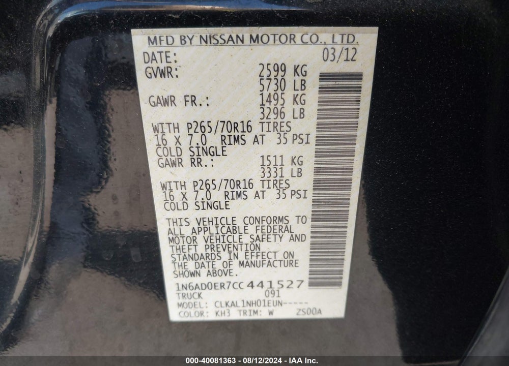 2012 NISSAN FRONTIER S VIN: 1N6AD0ER7CC441527