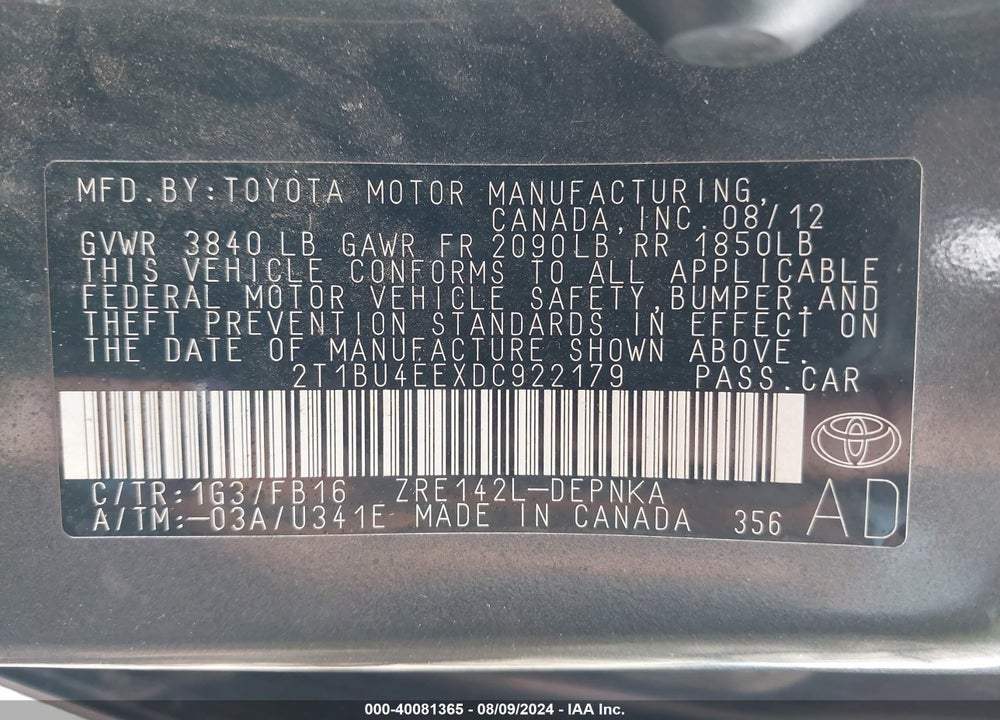 2013 TOYOTA COROLLA LE VIN: 2T1BU4EEXDC922179