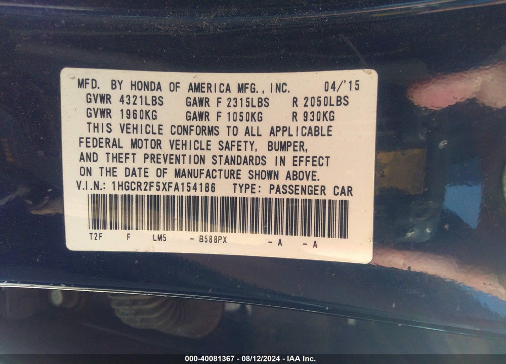 2015 HONDA ACCORD SPORT VIN: 1HGCR2F5XFA154186