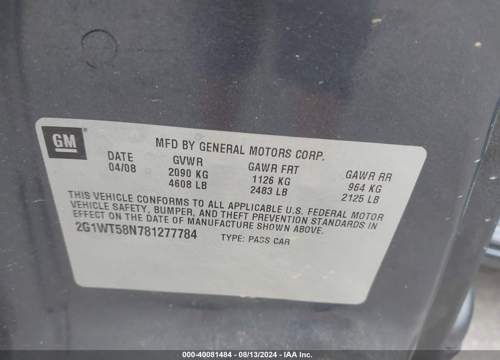 2008 CHEVROLET IMPALA LT VIN: 2G1WT58N781277784