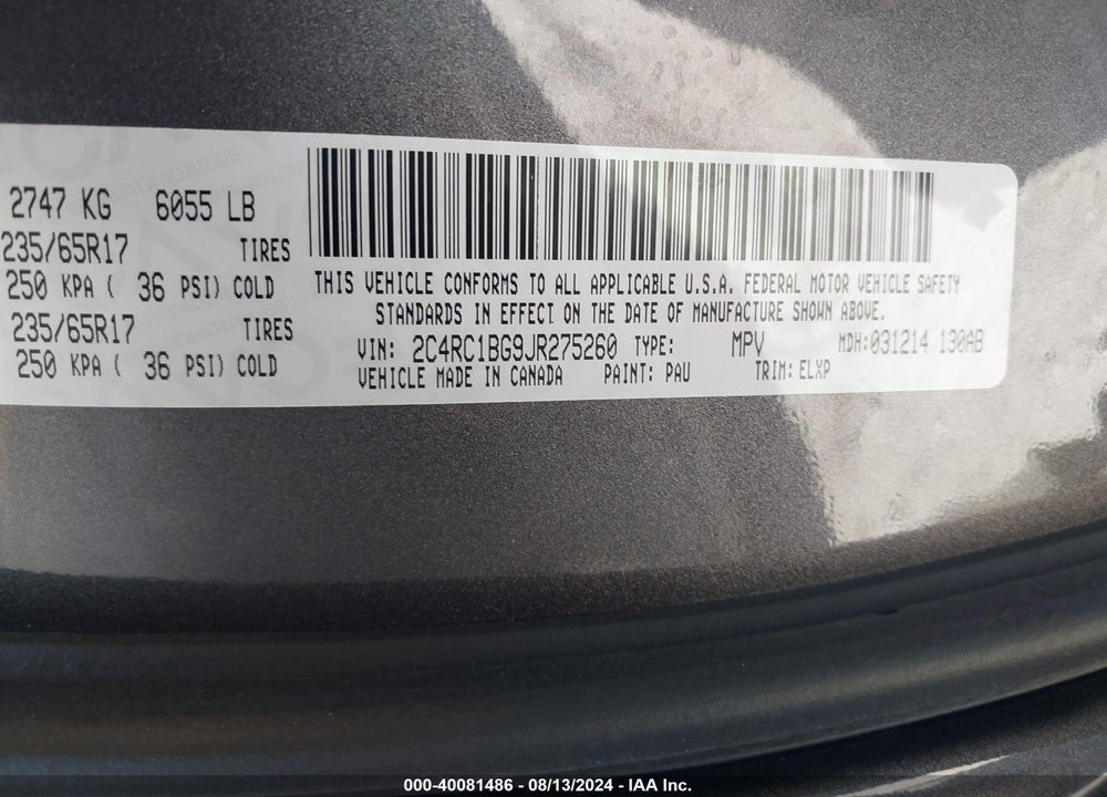 2018 CHRYSLER PACIFICA TOURING L VIN: 2C4RC1BG9JR275260