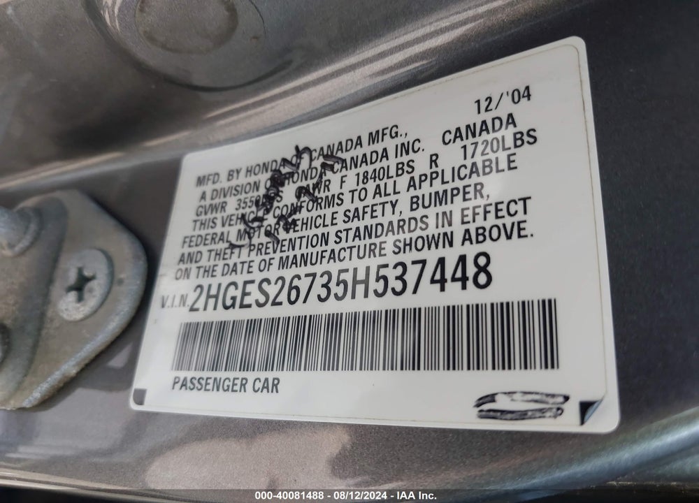 2005 HONDA CIVIC EX VIN: 2HGES26735H537448