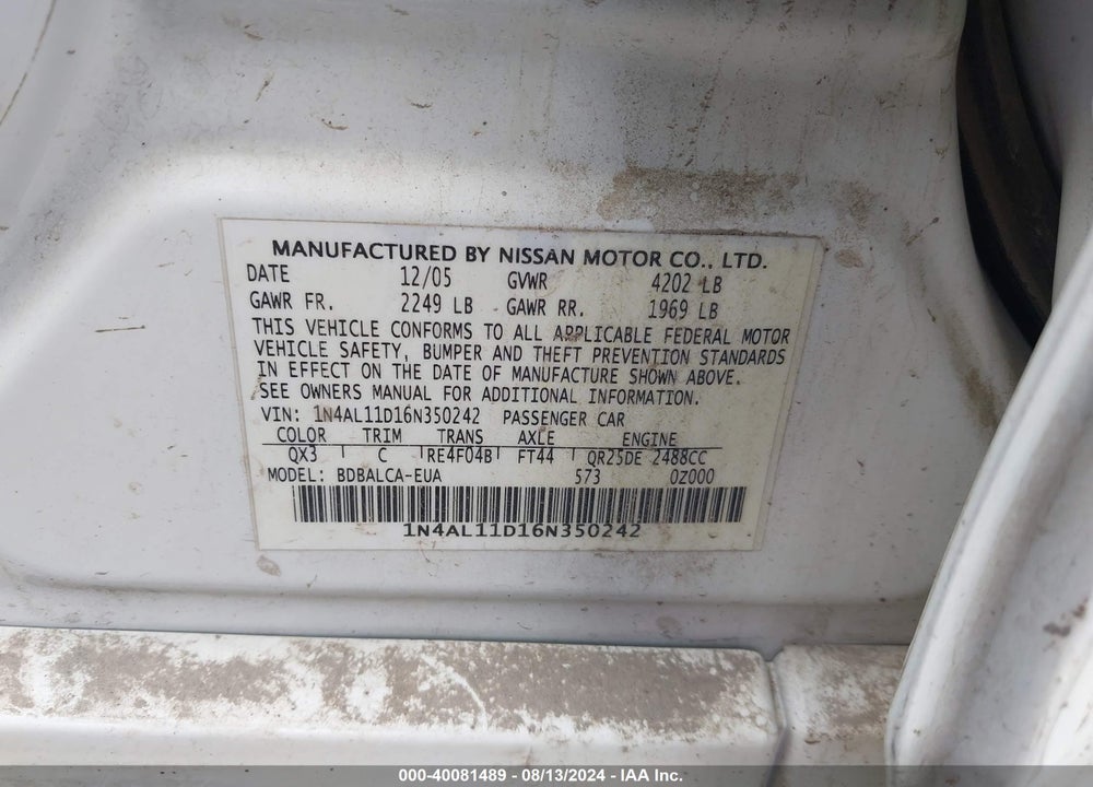 2006 NISSAN ALTIMA 2.5 S VIN: 1N4AL11D16N350242