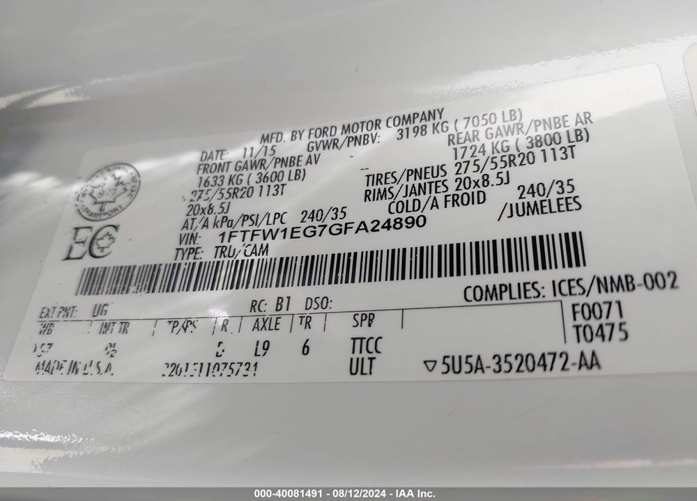 2016 FORD F-150 PLATINUM VIN: 1FTFW1EG7GFA24890