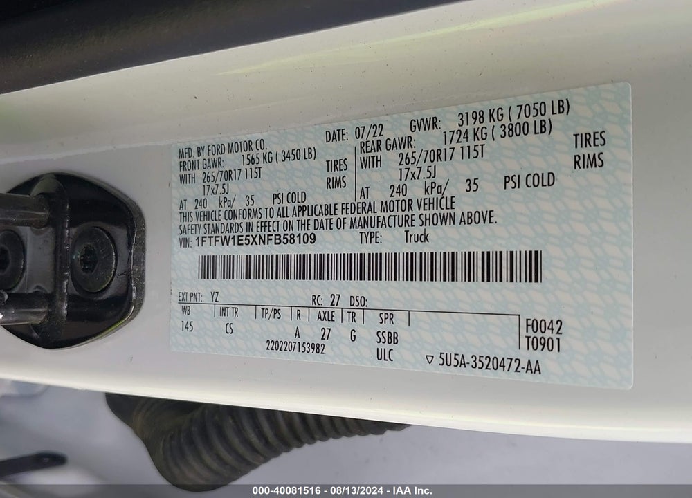 2022 FORD F-150 XL VIN: 1FTFW1E5XNFB58109