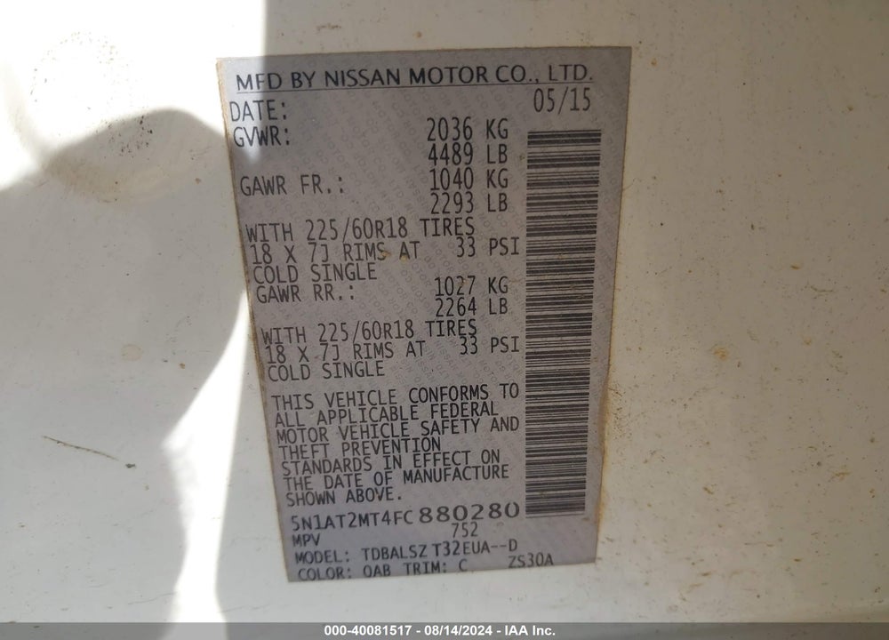 2015 NISSAN ROGUE SL VIN: 5N1AT2MT4FC880280