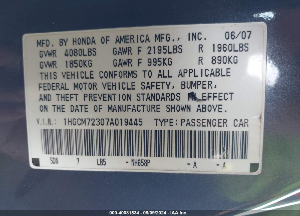 2007 HONDA ACCORD 2.4 LX VIN: 1HGCM72307A019445