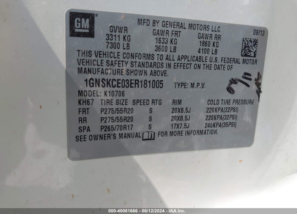 2014 CHEVROLET TAHOE LTZ VIN: 1GNSKCE03ER181005
