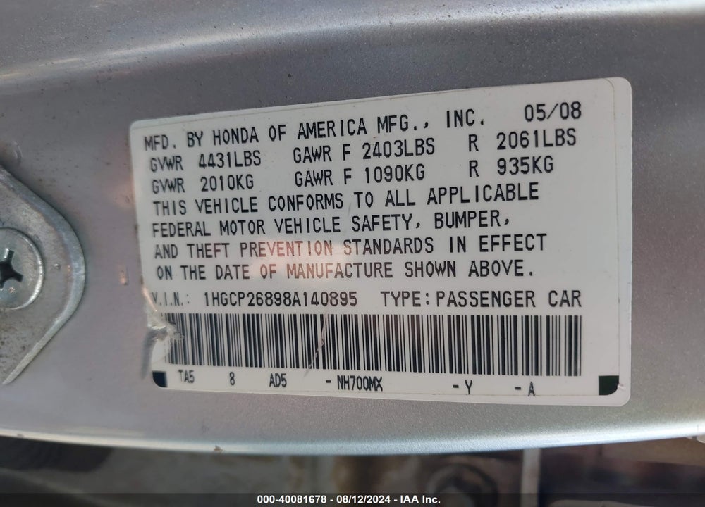 2008 HONDA ACCORD 2.4 EX-L VIN: 1HGCP26898A140895