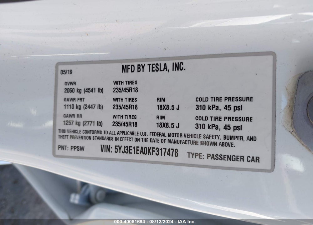 2019 TESLA MODEL 3 LONG RANGE/MID RANGE/STANDARD RANGE/STANDARD RANGE PLUS VIN: 5YJ3E1EA0KF317478