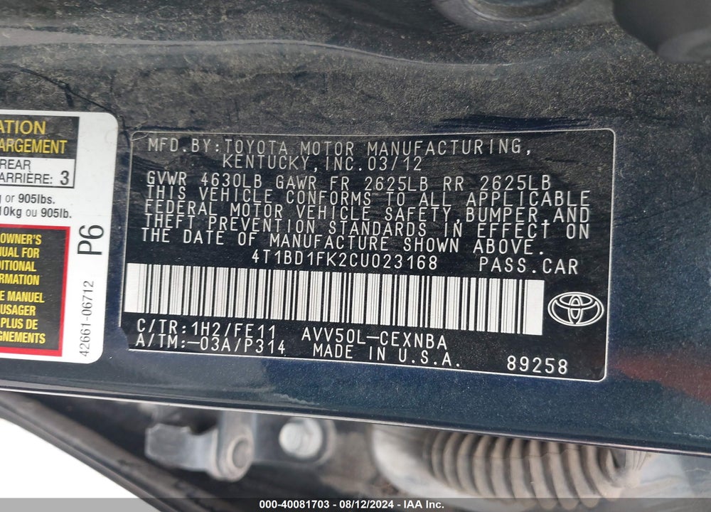 2012 TOYOTA CAMRY HYBRID LE VIN: 4T1BD1FK2CU023168