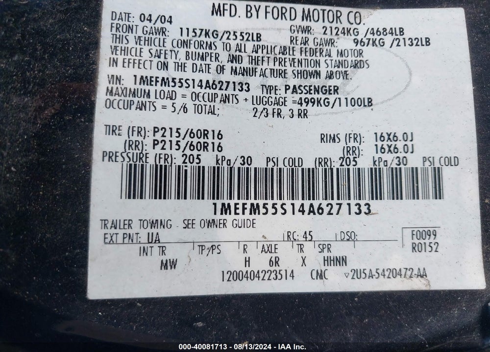 2004 MERCURY SABLE LS PREMIUM VIN: 1MEFM55S14A627133