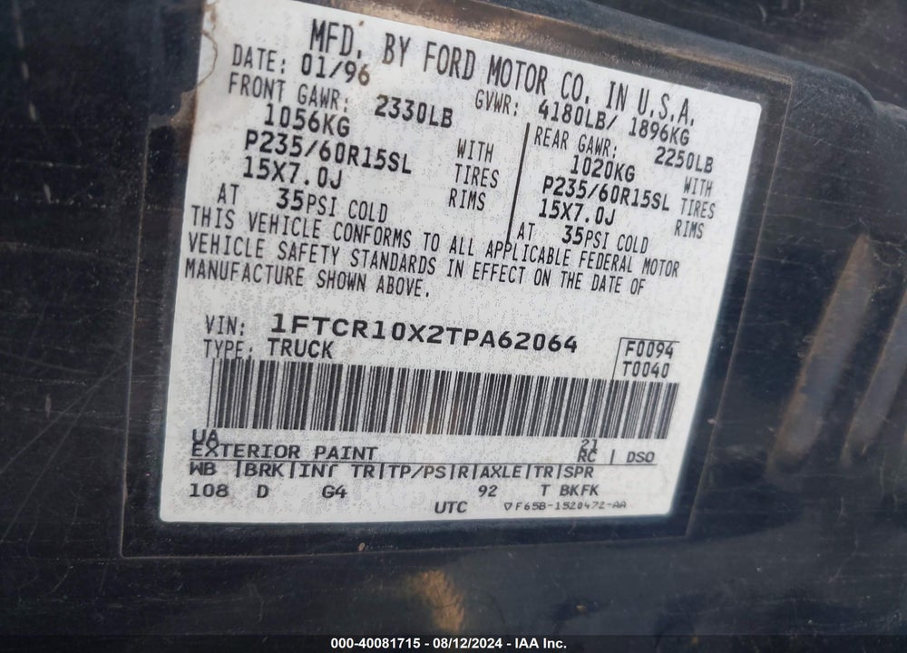 1996 FORD RANGER VIN: 1FTCR10X2TPA62064