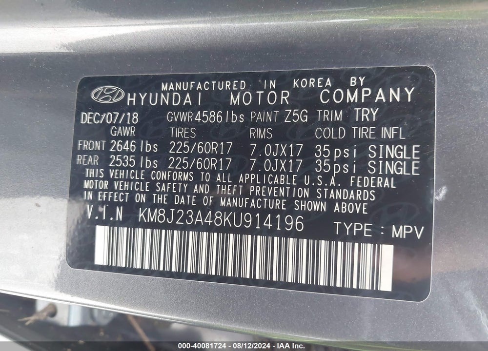 2019 HYUNDAI TUCSON SE VIN: KM8J23A48KU914196