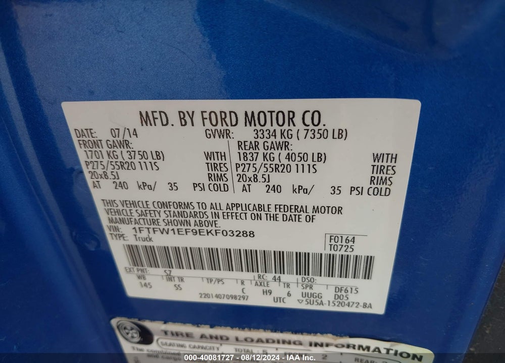 2014 FORD F-150 STX VIN: 1FTFW1EF9EKF03288
