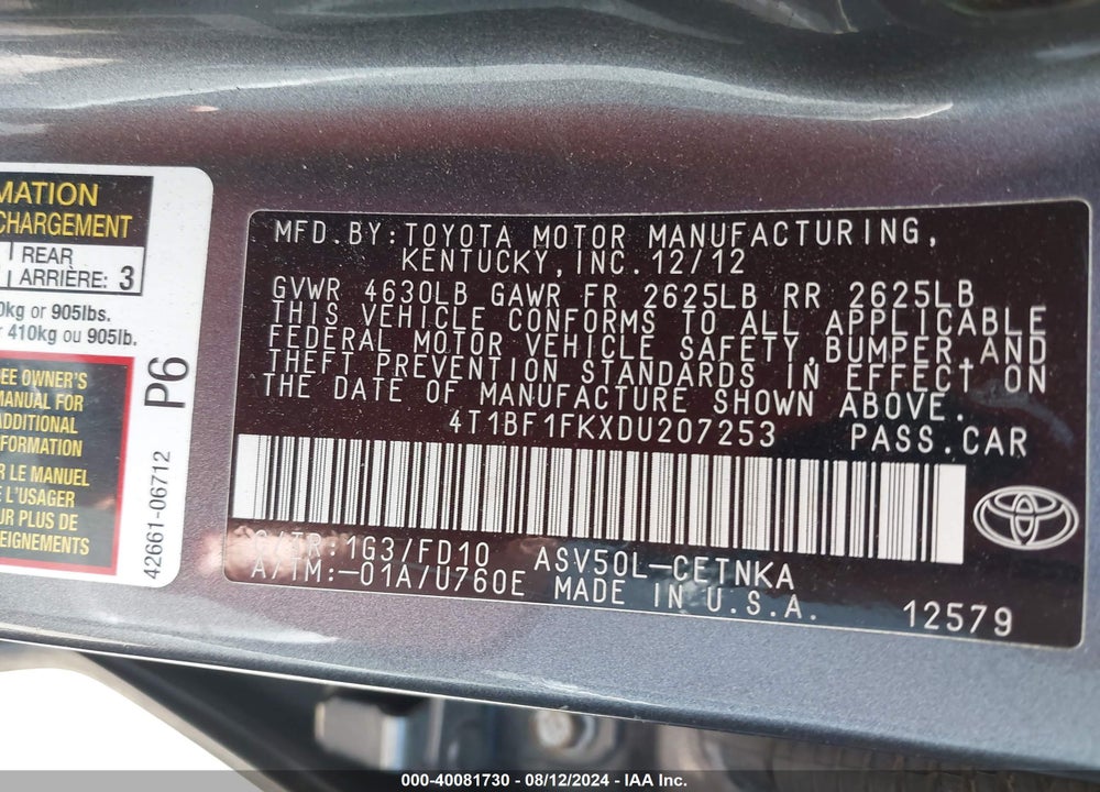 2013 TOYOTA CAMRY LE VIN: 4T1BF1FKXDU207253