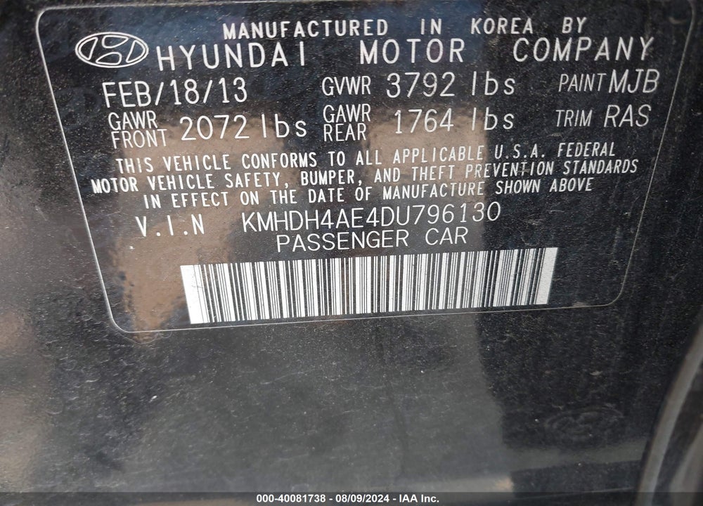 2013 HYUNDAI ELANTRA GLS VIN: KMHDH4AE4DU796130