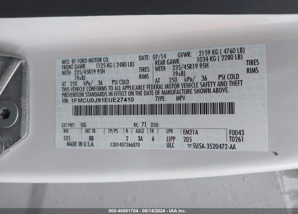 2014 FORD ESCAPE TITANIUM VIN: 1FMCU0J91EUE27410