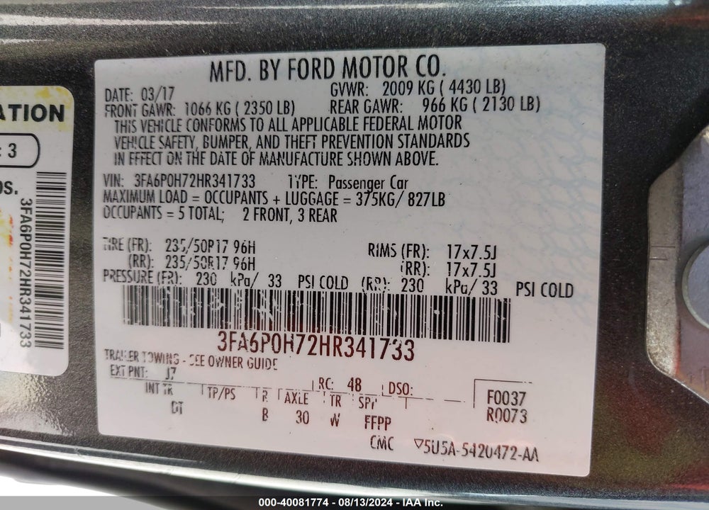 2017 FORD FUSION SE VIN: 3FA6P0H72HR341733