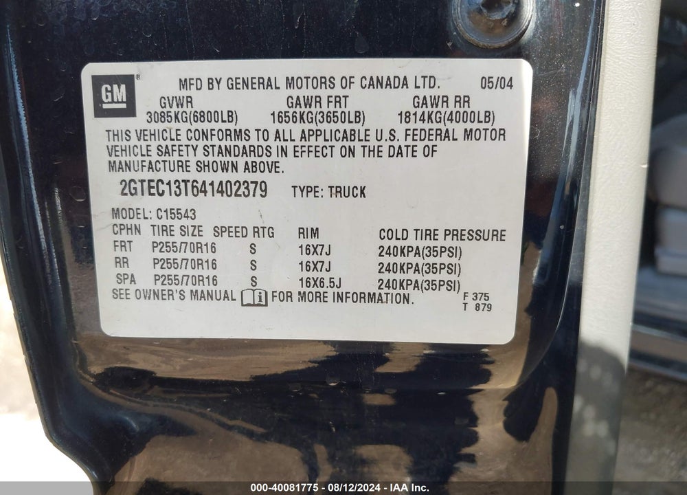 2004 GMC SIERRA 1500 SLE/SLT VIN: 2GTEC13T641402379