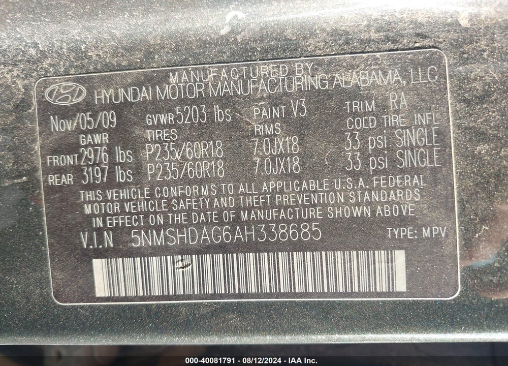 2010 HYUNDAI SANTA FE SE VIN: 5NMSHDAG6AH338685