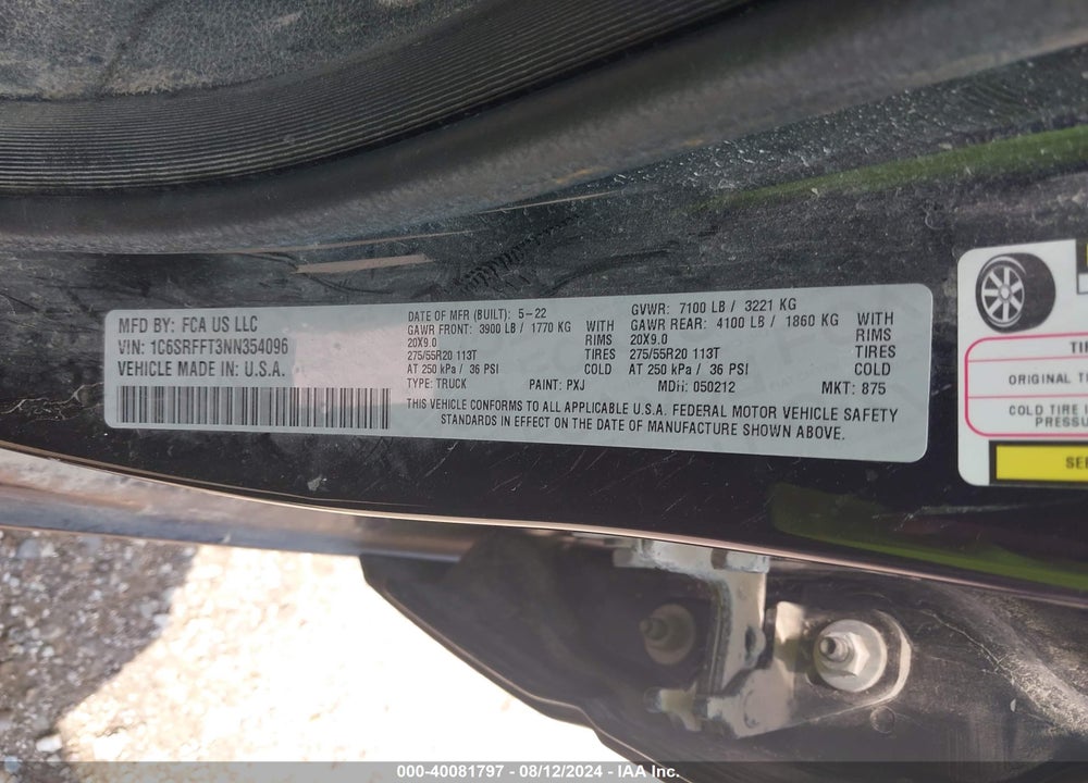 2022 RAM 1500 BIG HORN 4X4 5'7 BOX VIN: 1C6SRFFT3NN354096