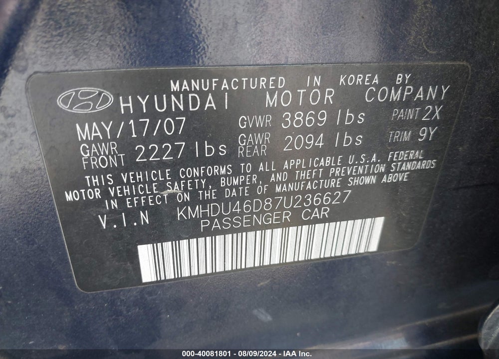 2007 HYUNDAI ELANTRA GLS/LIMITED/SE VIN: KMHDU46D87U236627