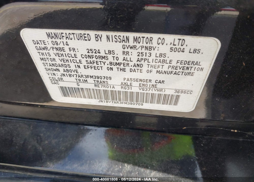 2015 INFINITI Q50 PREMIUM VIN: JN1BV7AR3FM390709