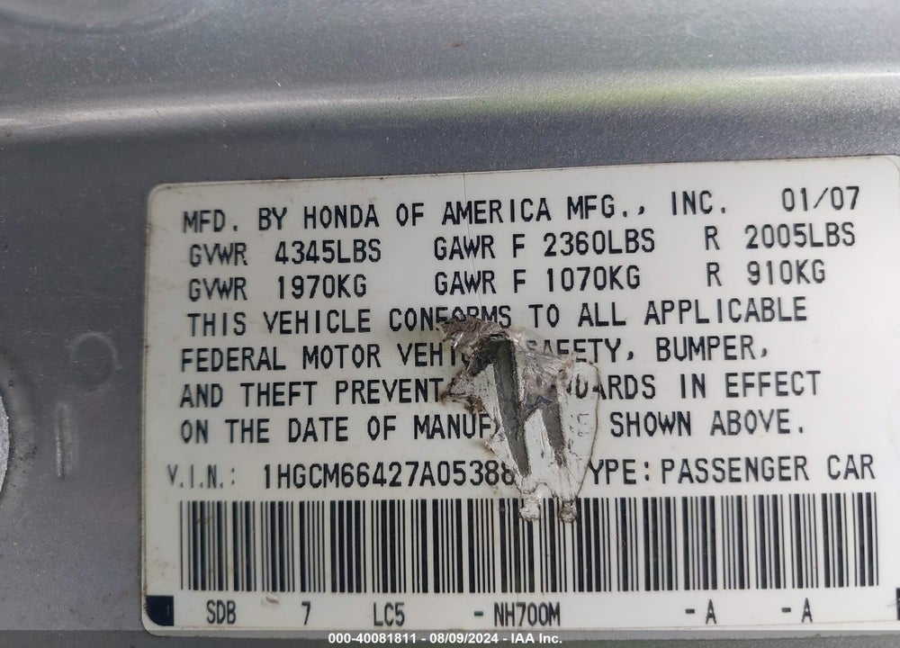 2007 HONDA ACCORD 3.0 SE VIN: 1HGCM66427A053884
