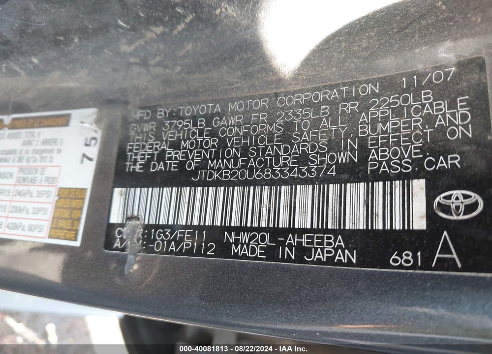 2008 TOYOTA PRIUS VIN: JTDKB20U683343374