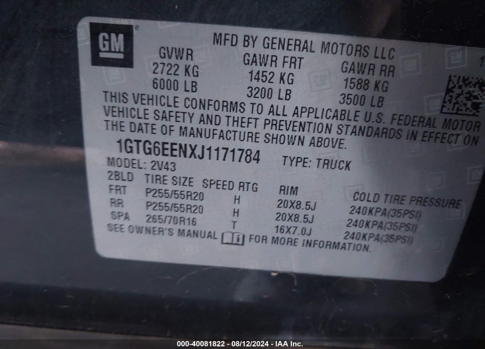 2018 GMC CANYON DENALI VIN: 1GTG6EENXJ1171784