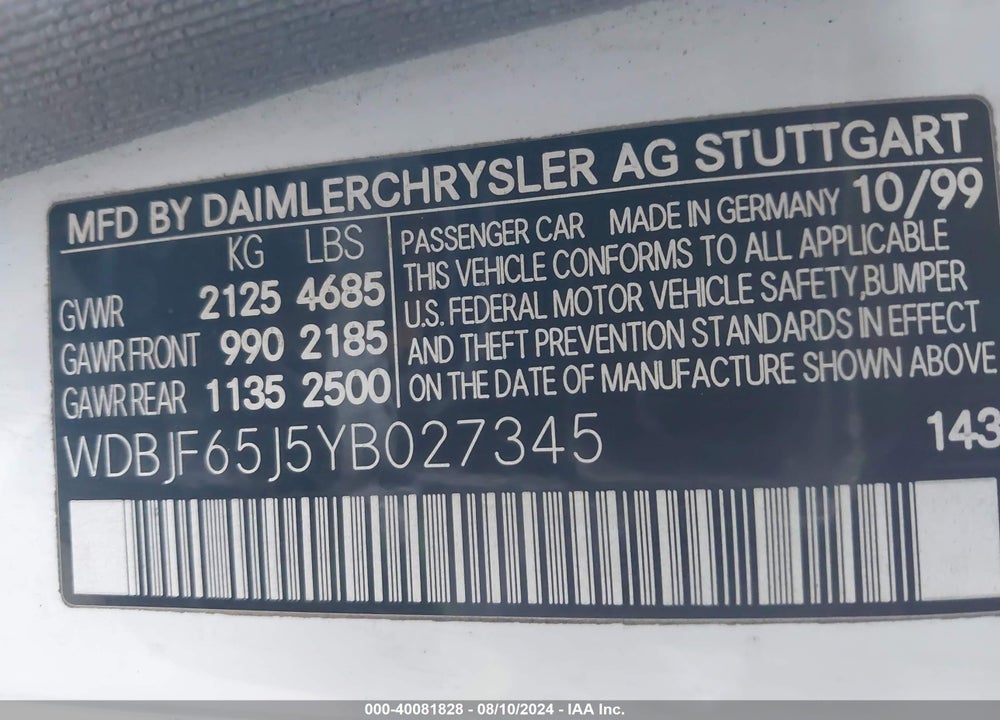 2000 MERCEDES-BENZ E 320 VIN: WDBJF65J5YB027345