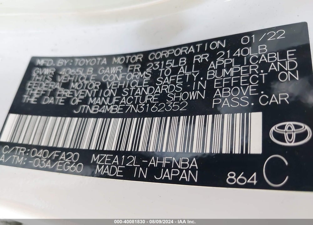 2022 TOYOTA COROLLA SE VIN: JTNB4MBE7N3162352
