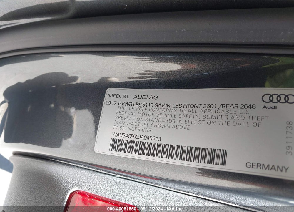 2018 AUDI S5 3.0T PREMIUM PLUS VIN: WAUB4CF50JA045613