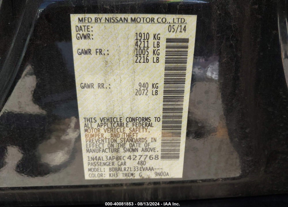 2014 NISSAN ALTIMA 2.5/2.5 S/2.5 SL/2.5 SV VIN: 1N4AL3AP8EC427768