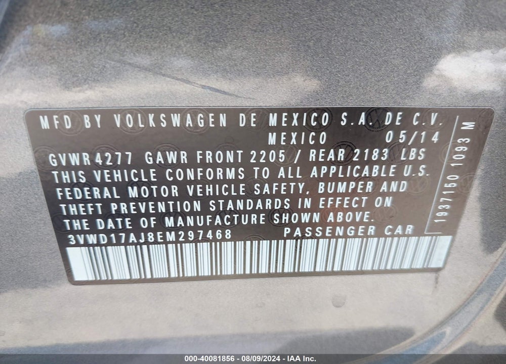 2014 VOLKSWAGEN JETTA 1.8T SE VIN: 3VWD17AJ8EM297468