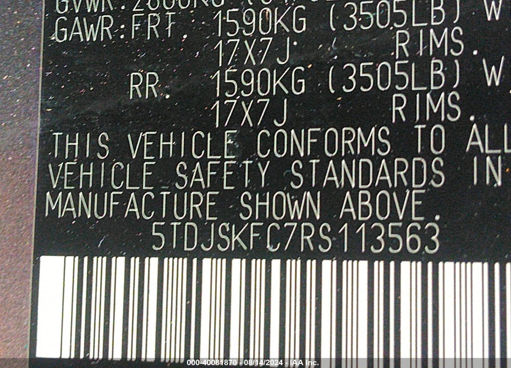 2024 TOYOTA SIENNA XLE VIN: 5TDJSKFC7RS113563