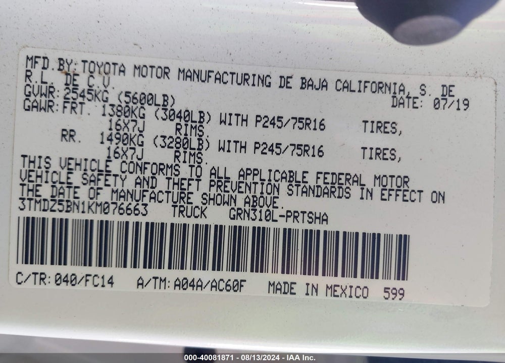 2019 TOYOTA TACOMA SR5 V6 VIN: 3TMDZ5BN1KM076663