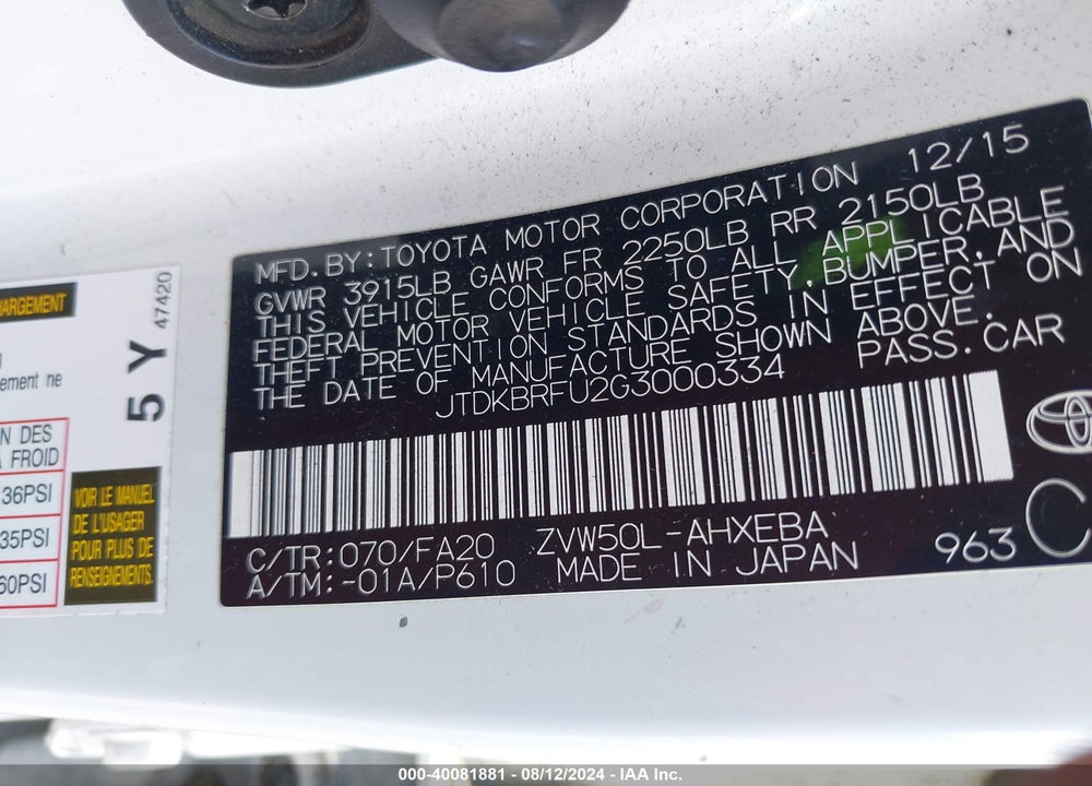 2016 TOYOTA PRIUS TWO VIN: JTDKBRFU2G3000334